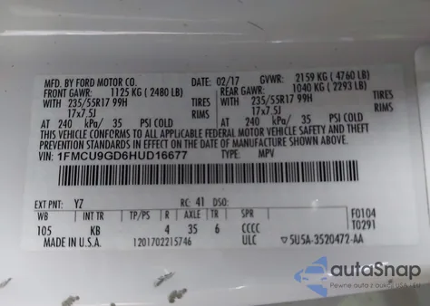 2017 Ford Escape Se from USA, damaged, VIN 1FMCU9GD6HUD16677